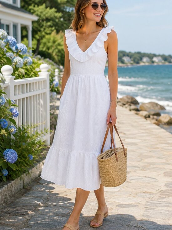 Vineyard Vines Dresses & Skirts - Vineyard Vines White Textured Cotton Midi Dress Ruffle Cottagecore  Sz S 1251